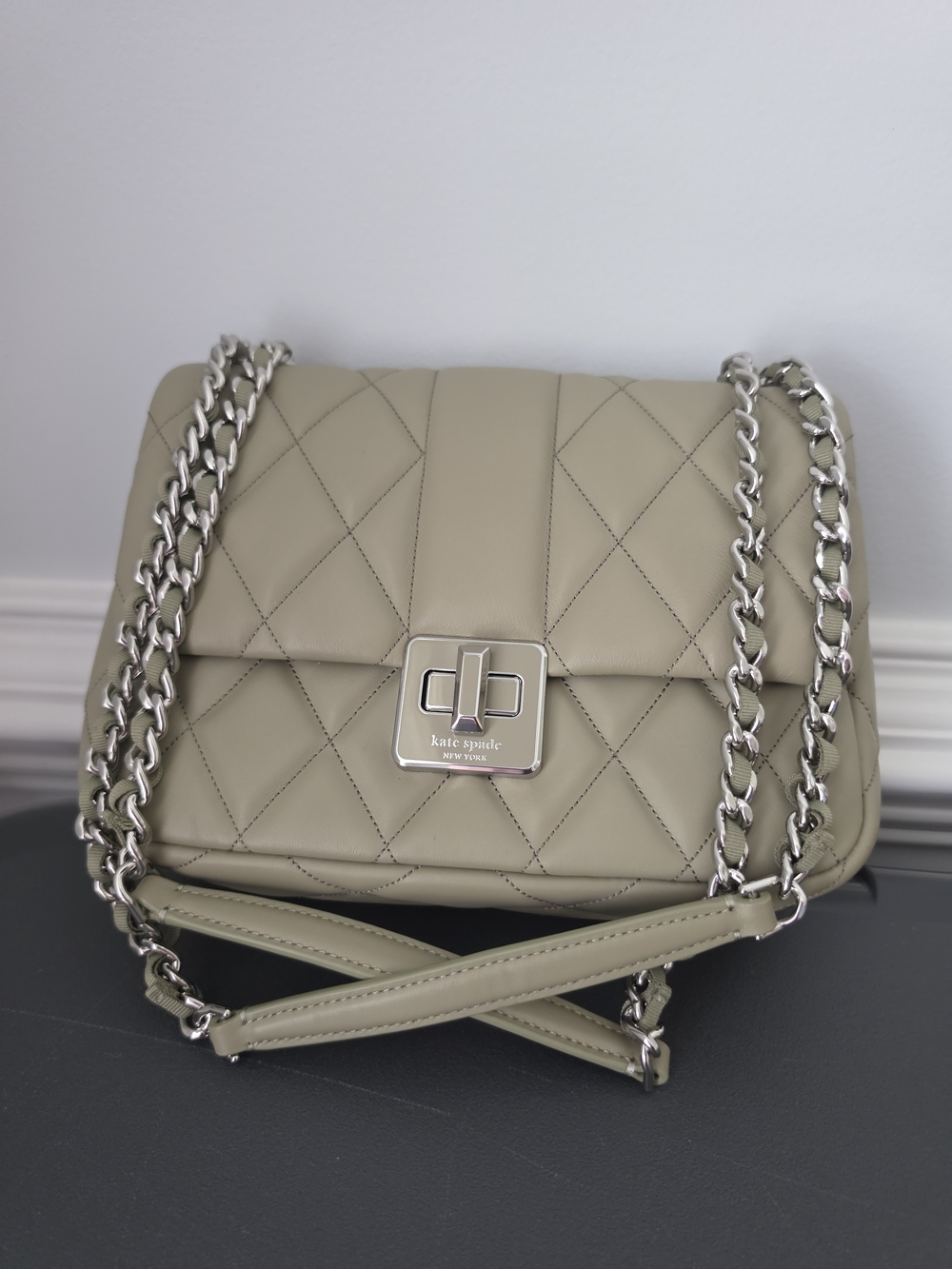 kate spade quilted leather shoulder bag in sage green with silver chain